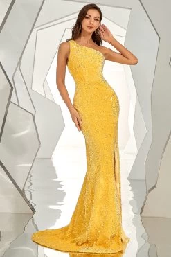 Une épaule à Paillettes Sirène Robe De Bal -Zapaka CGZL221507Yellow 2