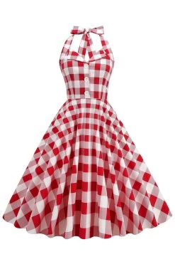 Robe Balançoire Rouge Plaid Halter Des Années 1950