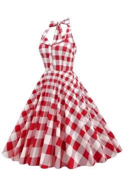 Robe Balançoire Rouge Plaid Halter Des Années 1950 -Zapaka CGZL221562 Red Plaid 3