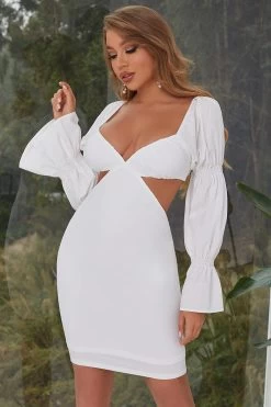 Robe De Cocktail Bodycon Blanche à Manches Longues