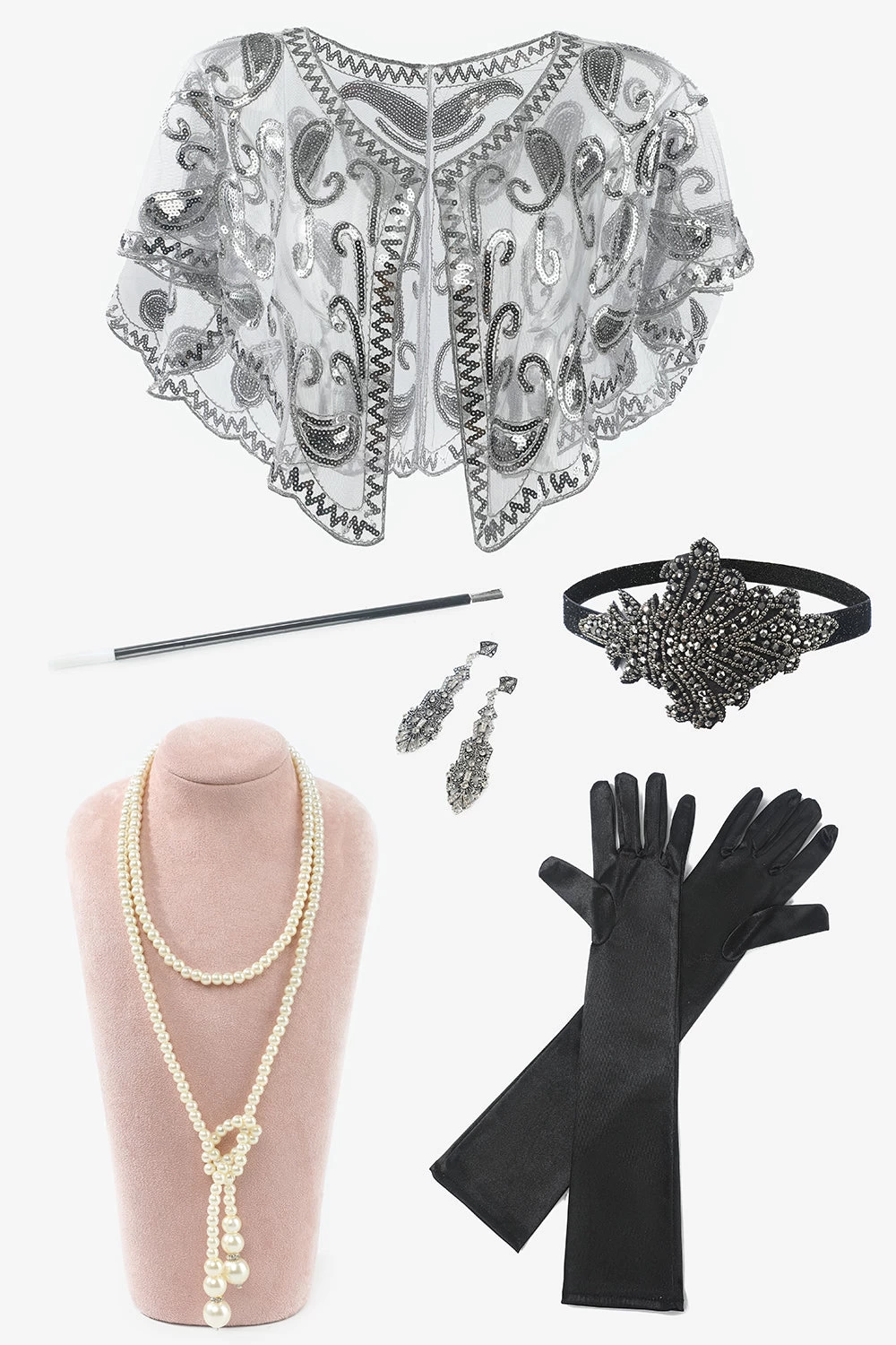Seven Pieces Collier Gants 1920s Party Accessories Set 3 Seven Pieces Collier Gants 1920s Party Accessories Set