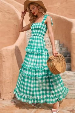 Robe D’été Boho Maxi Plaid Vert -Zapaka CGZL2218688 Green Grid 4