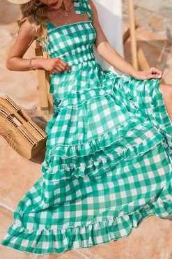 Robe D’été Boho Maxi Plaid Vert -Zapaka CGZL2218688 Green Grid 6