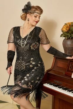 Noir Golden Perles Sequins 1920s Plus Size Robe -Zapaka CGZL2218828 20Black 20Golden 3