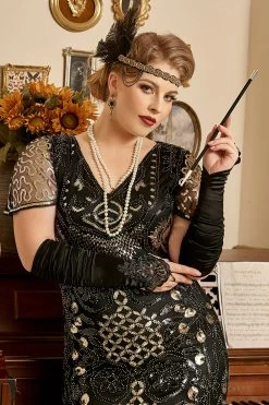 Noir Golden Perles Sequins 1920s Plus Size Robe -Zapaka CGZL2218828 20Black 20Golden 5