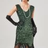 Robe Gatsby à Col En V à Paillettes Vert Foncé Avec Franges -Zapaka CGZL2219001 Dark Green 1 first