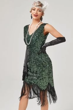 Robe Gatsby à Col En V à Paillettes Vert Foncé Avec Franges -Zapaka CGZL2219001 Dark Green 5