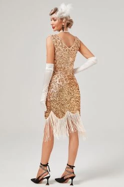 Robe Gatsby à Col En V à Paillettes Vert Foncé Avec Franges -Zapaka CGZL2219001 Golden Apricot 2