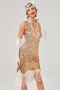 Robe Gatsby à Col En V à Paillettes Vert Foncé Avec Franges -Zapaka CGZL2219001 Golden Apricot 5