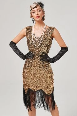 Robe Gatsby à Col En V à Paillettes Vert Foncé Avec Franges -Zapaka CGZL2219001 Golden Black 1 first