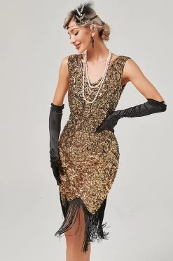 Robe Gatsby à Col En V à Paillettes Vert Foncé Avec Franges -Zapaka CGZL2219001 Golden Black 4