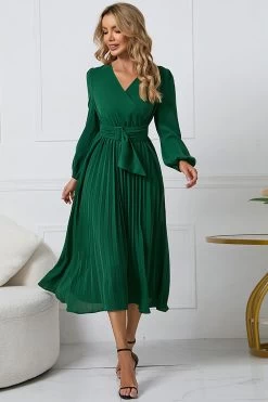 Robe Décontractée Verte à Manches Longues Avec Volants