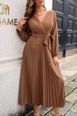 Robe Décontractée Bleue à Col En V Avec Ceinture -Zapaka CGZL222147 Brown 5