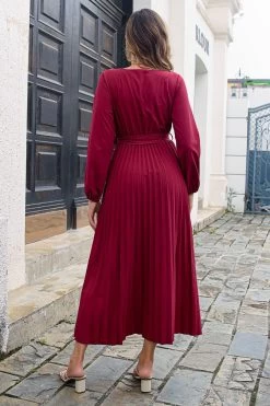 Robe Décontractée Bleue à Col En V Avec Ceinture -Zapaka CGZL222147 Burgundy 2