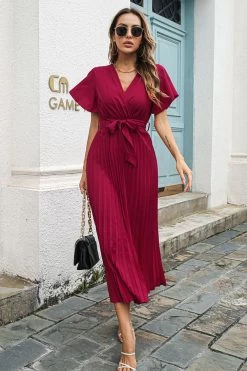 Noir V-Neck Batwing Manches Décontractée Robe Avec Ceinture -Zapaka CGZL222148 Burgundy 1 first