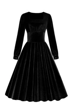 Robe Vintage Velours à Manches Longues Noires