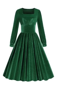 Robe Vintage Velours à Manches Longues Noires -Zapaka CGZL222318 Dark Green 1 first
