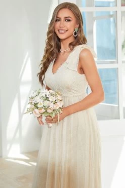 Robe D’invité De Mariage Longue En Dentelle D’abricot Avec Nœud Papillon -Zapaka CGZL231272 Apricot 3 10 04 2023