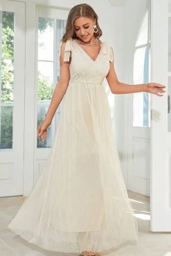 Robe D’invité De Mariage Longue En Dentelle D’abricot Avec Nœud Papillon -Zapaka CGZL231272 Apricot 4 10 04 2023