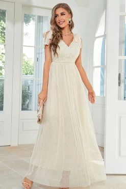 Robe D’invité De Mariage Longue En Dentelle D’abricot Avec Nœud Papillon -Zapaka CGZL231272 Apricot 6 10 04 2023