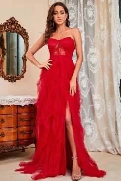 Robe De Soirée Corset Noir Bustier Avec Fente 17 Robe De Soirée Corset Noir Bustier Avec Fente -Zapaka CGZL231315 Red 1 first