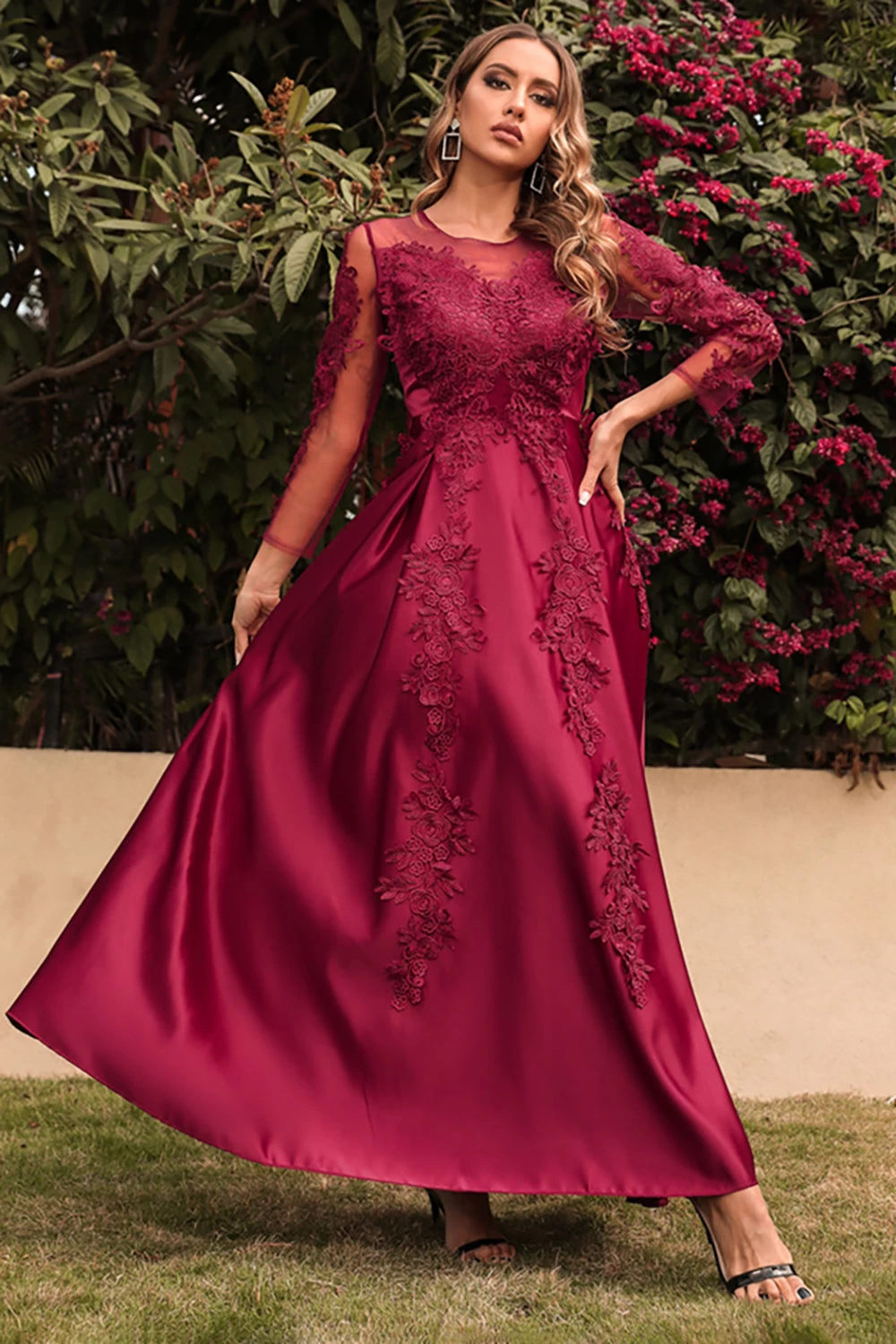 Satin A Line Robe Mère De La Mariée à Manches Longues 8 Satin A Line Robe Mère De La Mariée à Manches Longues – Image 6