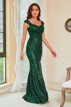 Paillettes Vert Foncé Robe De Soirée à Paillettes -Zapaka CGZL231319 Dark Green 3