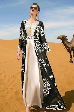 Broderie De Fleurs Noires Et Blanches Abaya 10 Broderie De Fleurs Noires Et Blanches Abaya -Zapaka CGZLZD22009 Black 4