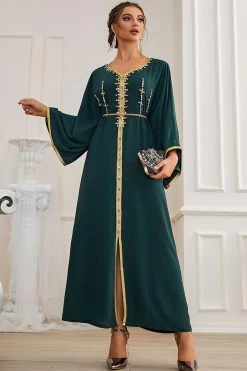 Manches Longues Vert Foncé Maxi Caftan Marocain -Zapaka CGZLZD220247 Dark Green 3