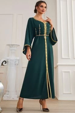 Manches Longues Vert Foncé Maxi Caftan Marocain -Zapaka CGZLZD220247 Dark Green 4