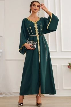 Manches Longues Vert Foncé Maxi Caftan Marocain -Zapaka CGZLZD220247 Dark Green 5