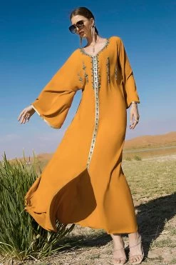Manches Longues Vert Foncé Maxi Caftan Marocain -Zapaka CGZLZD220247 Orange 3