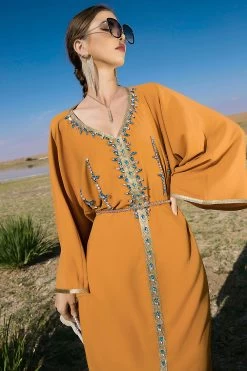 Manches Longues Vert Foncé Maxi Caftan Marocain -Zapaka CGZLZD220247 Orange 6