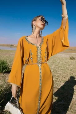 Manches Longues Vert Foncé Maxi Caftan Marocain -Zapaka CGZLZD220247 Orange 7