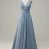Dusty Blue Deep V Neck A Line Long Bridesmaid Dress 2 Dusty Blue Deep V Neck A Line Long Bridesmaid Dress -Zapaka JM201 Dusty Blue 1 first