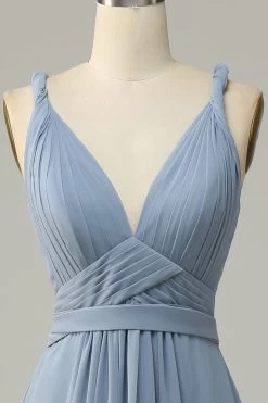 Dusty Blue Deep V Neck A Line Long Bridesmaid Dress 11 Dusty Blue Deep V Neck A Line Long Bridesmaid Dress -Zapaka JM201 Dusty Blue 4