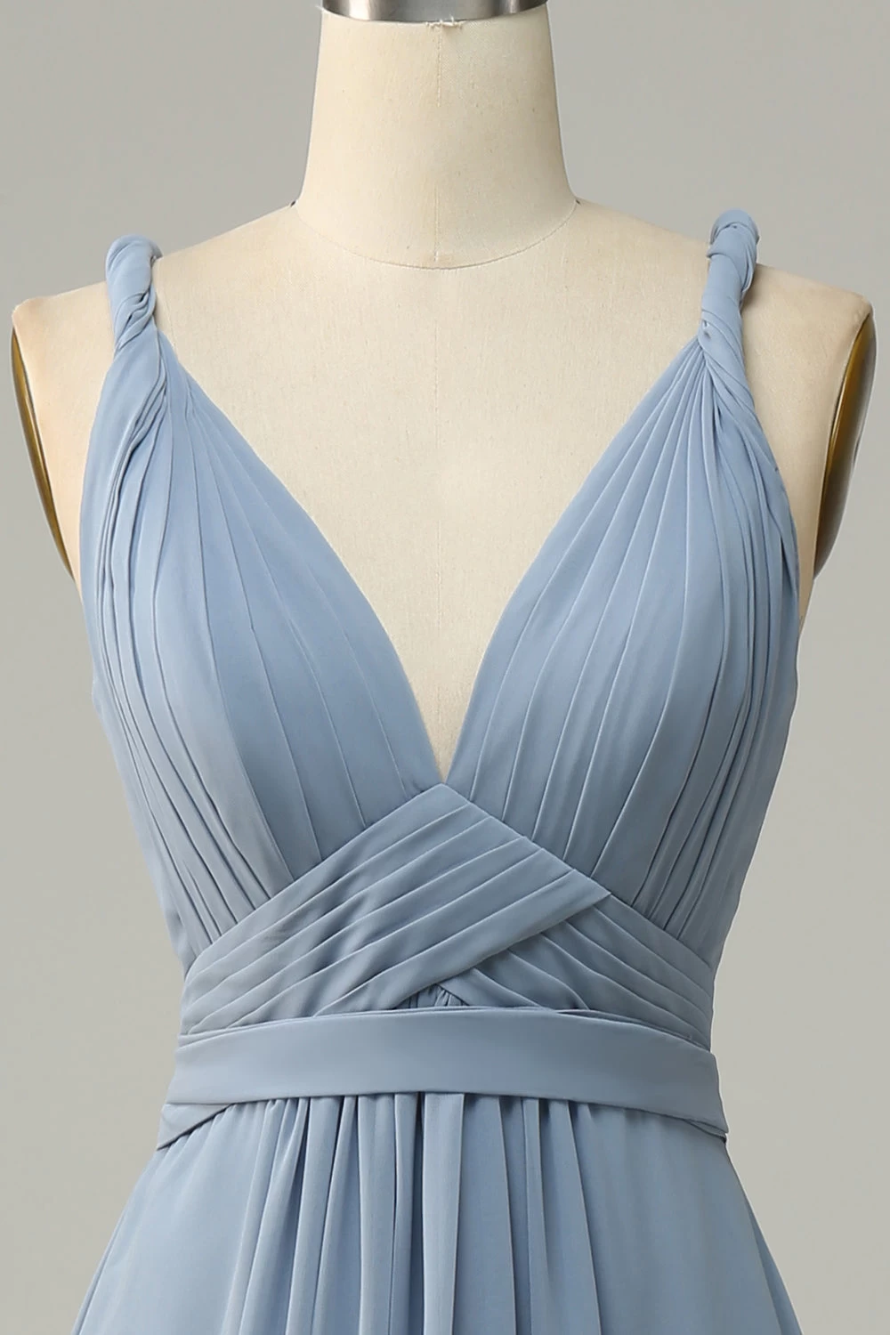 Dusty Blue Deep V Neck A Line Long Bridesmaid Dress 6 Dusty Blue Deep V Neck A Line Long Bridesmaid Dress – Image 4