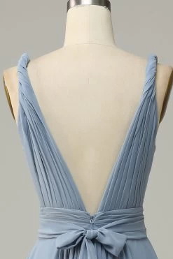 Dusty Blue Deep V Neck A Line Long Bridesmaid Dress 13 Dusty Blue Deep V Neck A Line Long Bridesmaid Dress -Zapaka JM201 Dusty Blue 6