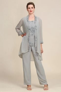 Zapaka Femmes Gris 3 Pièces Mother Of The Bride Pantalon Costumes Avec Dentelle