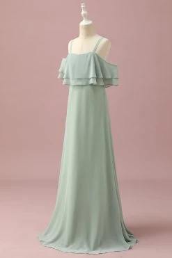 Robe De Demoiselle D'honneur Junior En Mousseline De Soie à épaules Dénudées Et Bretelles Sauge -Zapaka PPHGHT125 Sage 3