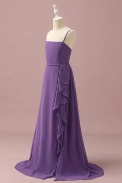 Mousseline De Soie Violette Spaghetti Sangles De Demoiselle D’honneur Junior Robe Avec Volants En Cascade -Zapaka PPHGHT127Purple 3