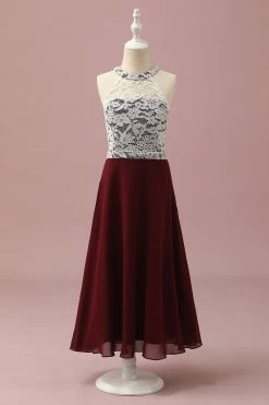 Dentelle Bordeaux Et Robe De Demoiselle D’honneur Chiffon Halter Junior