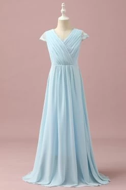 Robe De Demoiselle D’honneur Junior En Dentelle Bleu Clair Et Chiffon Col En V