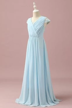 Robe De Demoiselle D’honneur Junior En Dentelle Bleu Clair Et Chiffon Col En V -Zapaka PPHGHT139LightBlue 3