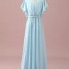 Mousseline De Soie Bleu Clair Batwing Manches A-Line Junior Bridesmaid Dress -Zapaka PPHGHT140 Light Blue 1