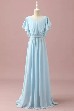 Mousseline De Soie Bleu Clair Batwing Manches A-Line Junior Bridesmaid Dress