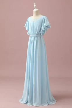 Mousseline De Soie Bleu Clair Batwing Manches A-Line Junior Bridesmaid Dress -Zapaka PPHGHT140 Light Blue 3