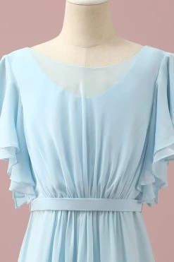 Mousseline De Soie Bleu Clair Batwing Manches A-Line Junior Bridesmaid Dress -Zapaka PPHGHT140 Light Blue 4