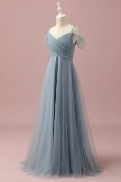 Robe De Demoiselle D’honneur Junior En Tulle D’épaule Froide Gris Bleu -Zapaka PPHGHT141 Grey Blue 3