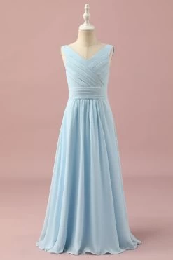 Robe De Demoiselle D’honneur Junior à Col V Bleu Clair